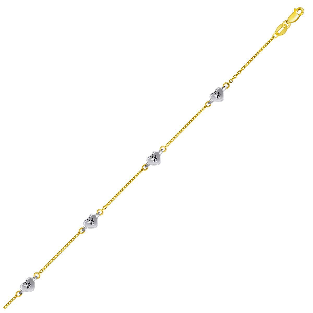 14k Two Tone Gold Anklet with Diamond Cut Heart Style Stations - La Markesa Jewelry