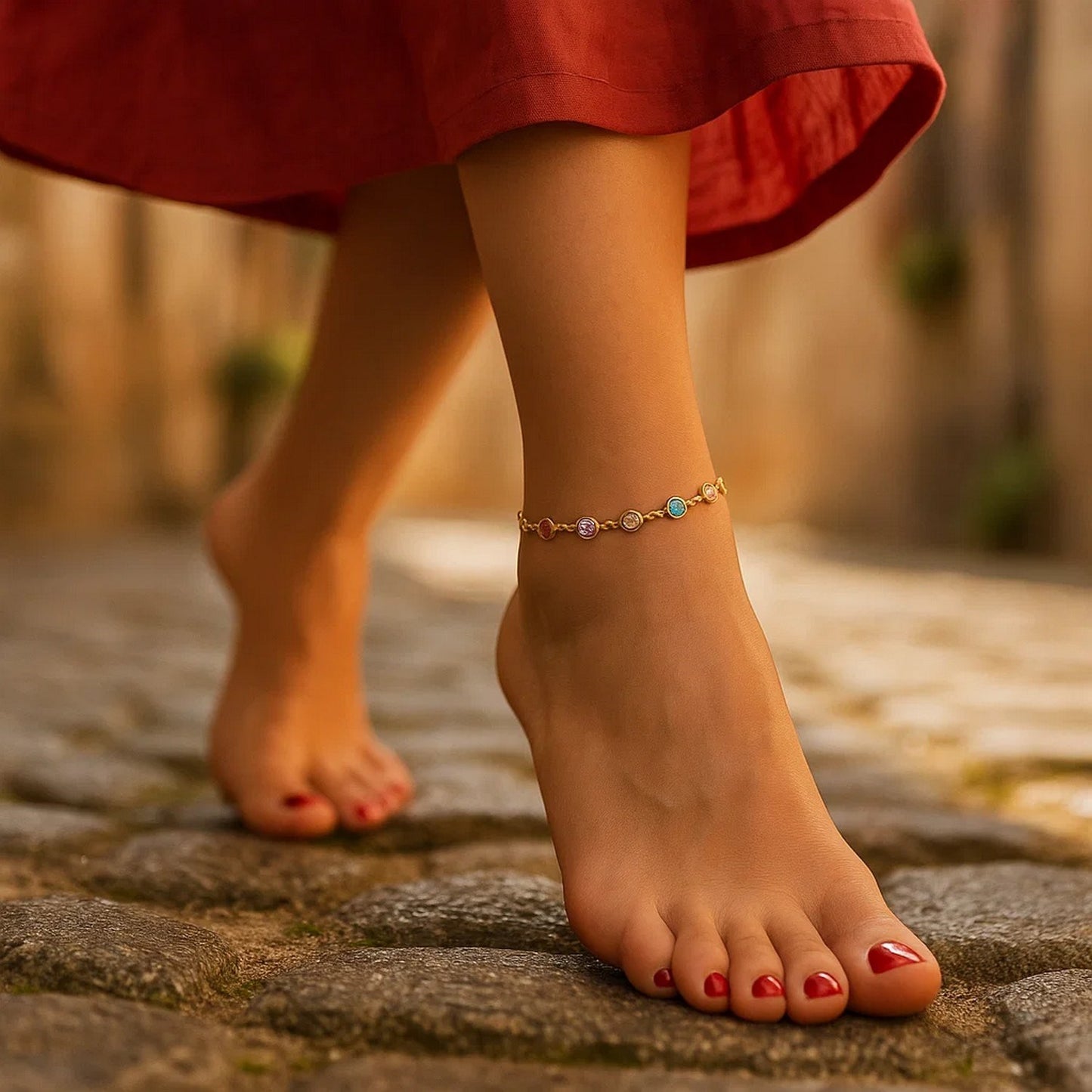 14k Yellow Gold Cable Anklet with Round Multi Tone Stations