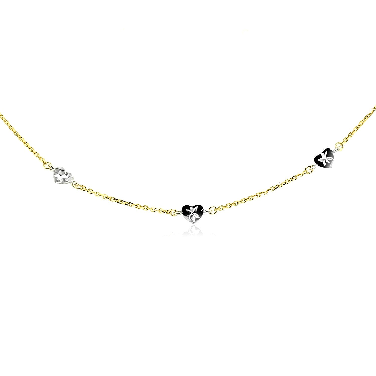 14k Two Tone Gold Anklet with Diamond Cut Heart Style Stations - La Markesa Jewelry