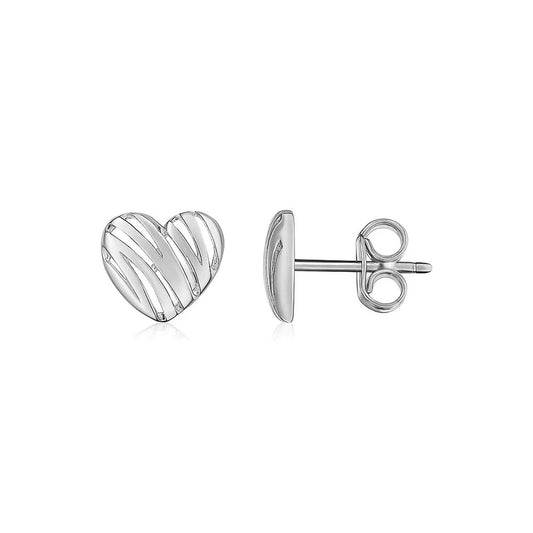 14K White Gold High Polish Scribble Heart Stud Earrings