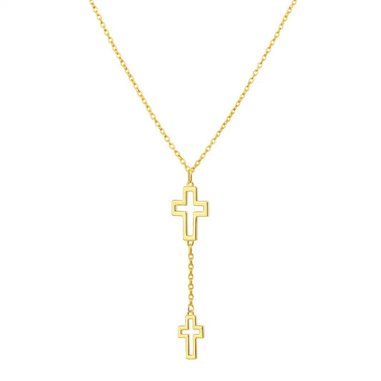 Double Cross Drop Necklace in 14K Yellow Gold
