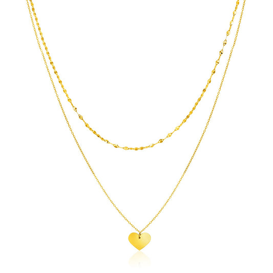 14k Yellow Gold 18 inch Two Strand Necklace with Heart Pendant - La Markesa Jewelry