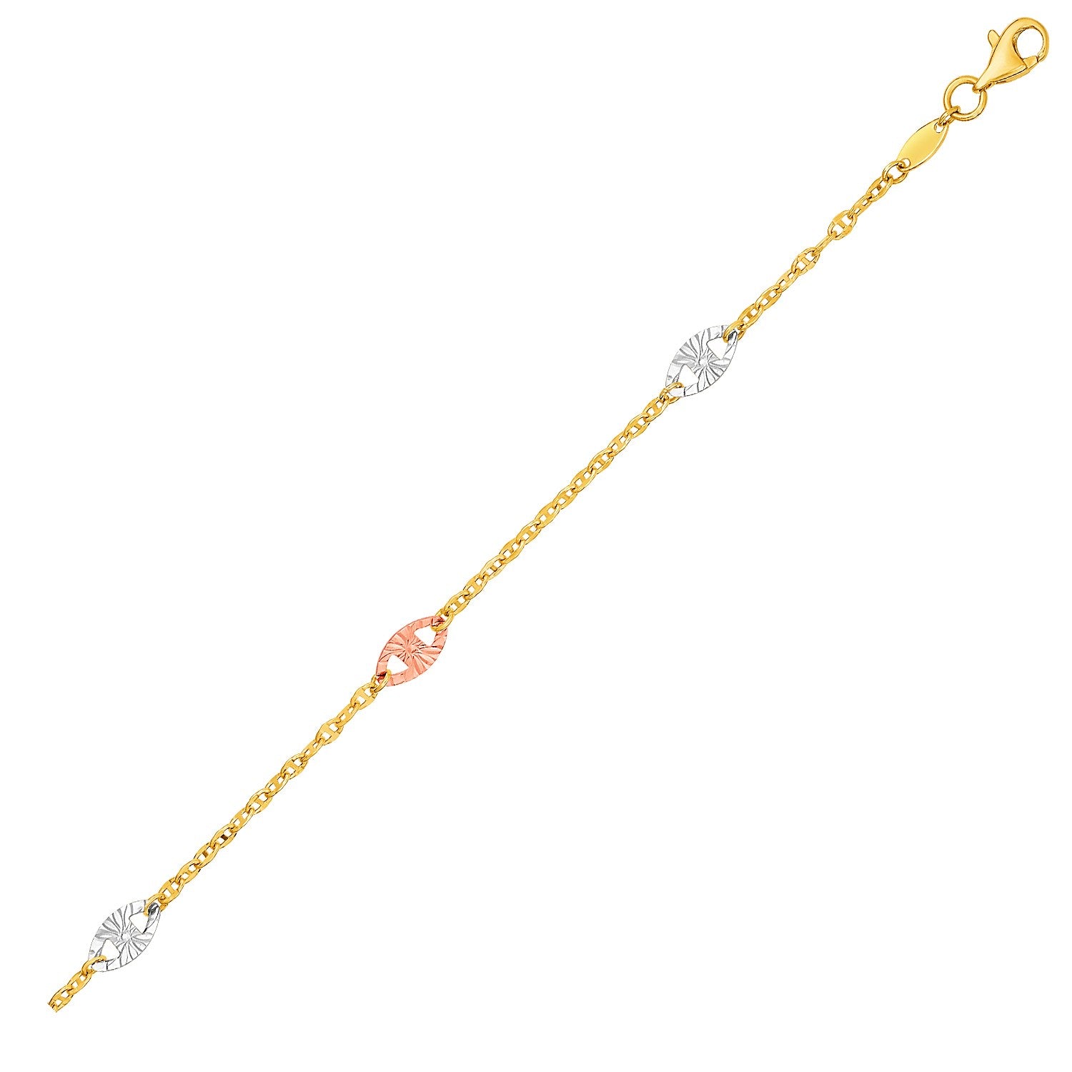 14k Three-Toned Yellow,  White,  and Rose Gold Anklet with Textured Ovals - La Markesa Jewelry