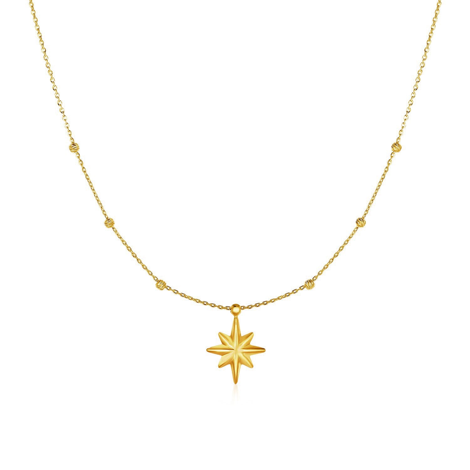 14k Yellow Gold Necklace with Eight Pointed Star and Beads - La Markesa Jewelry