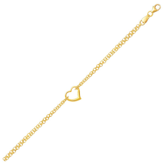 10k Yellow Gold Double Rolo Chain Anklet with an Open Heart Station - La Markesa Jewelry