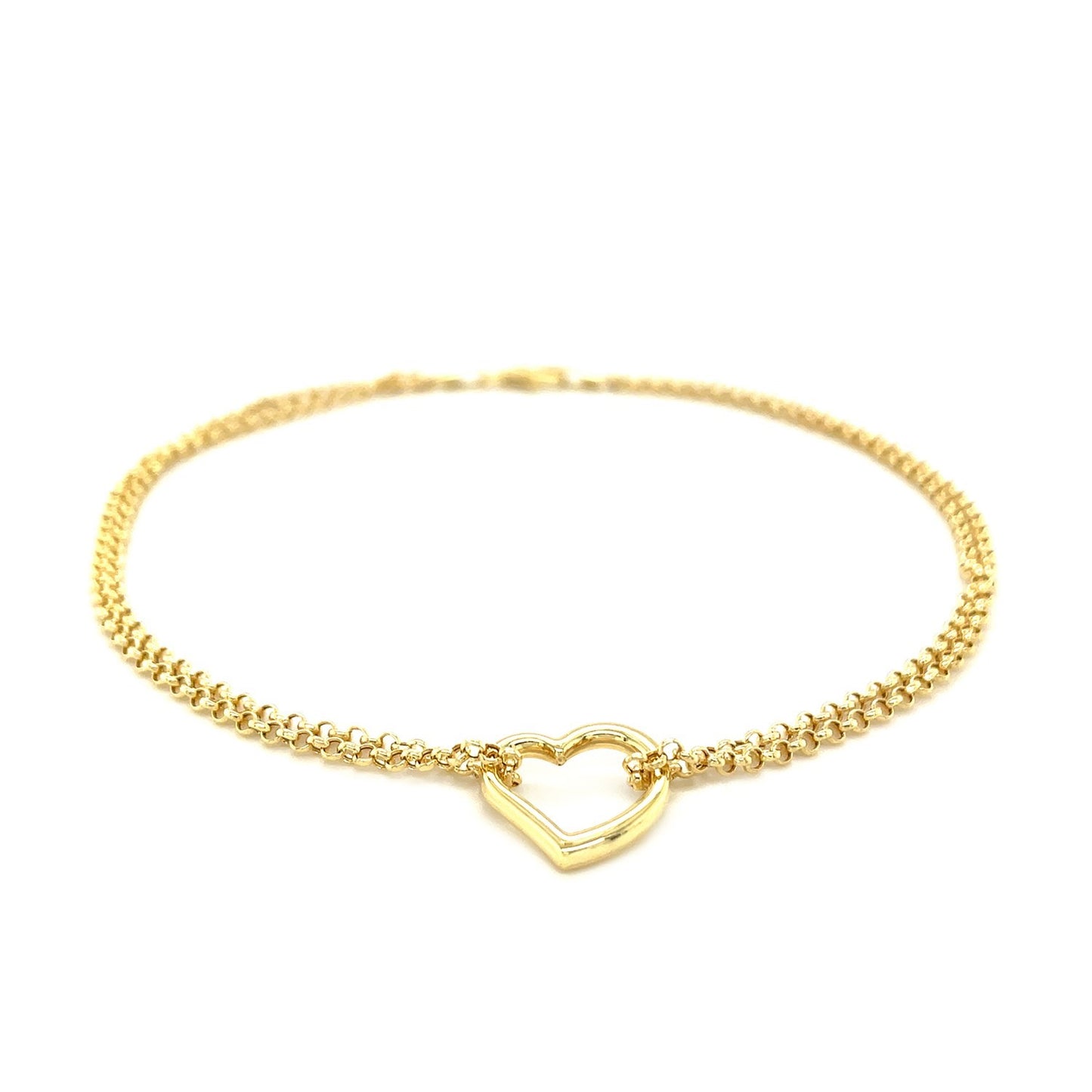 10k Yellow Gold Double Rolo Chain Anklet with an Open Heart Station - La Markesa Jewelry